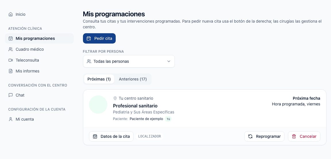 Listado de citas del área personal